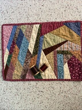 Patchwork Crazy Quilted Table Mat in Multicolor  & 2 vintage spools of thread